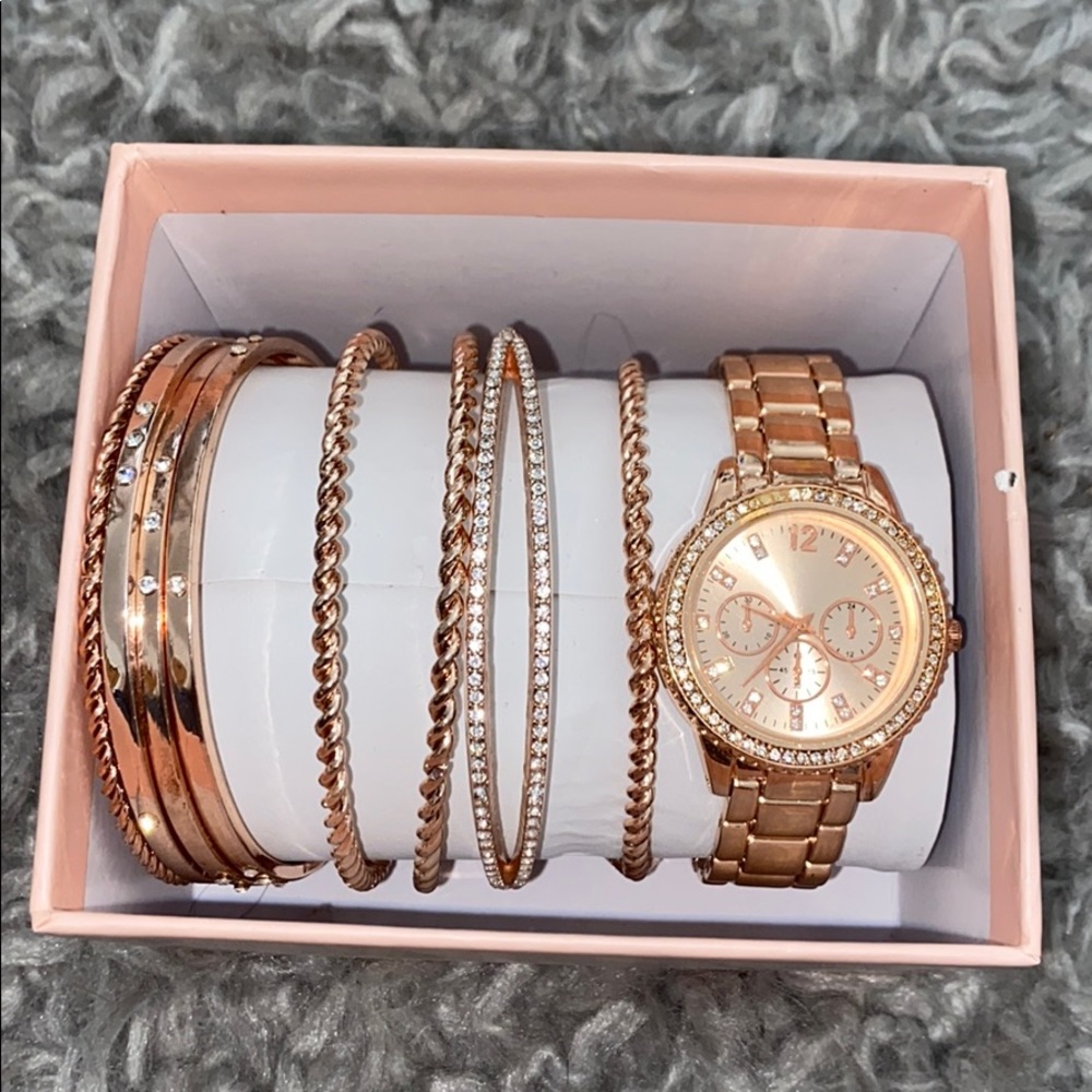 Rose gold watch and bangle set